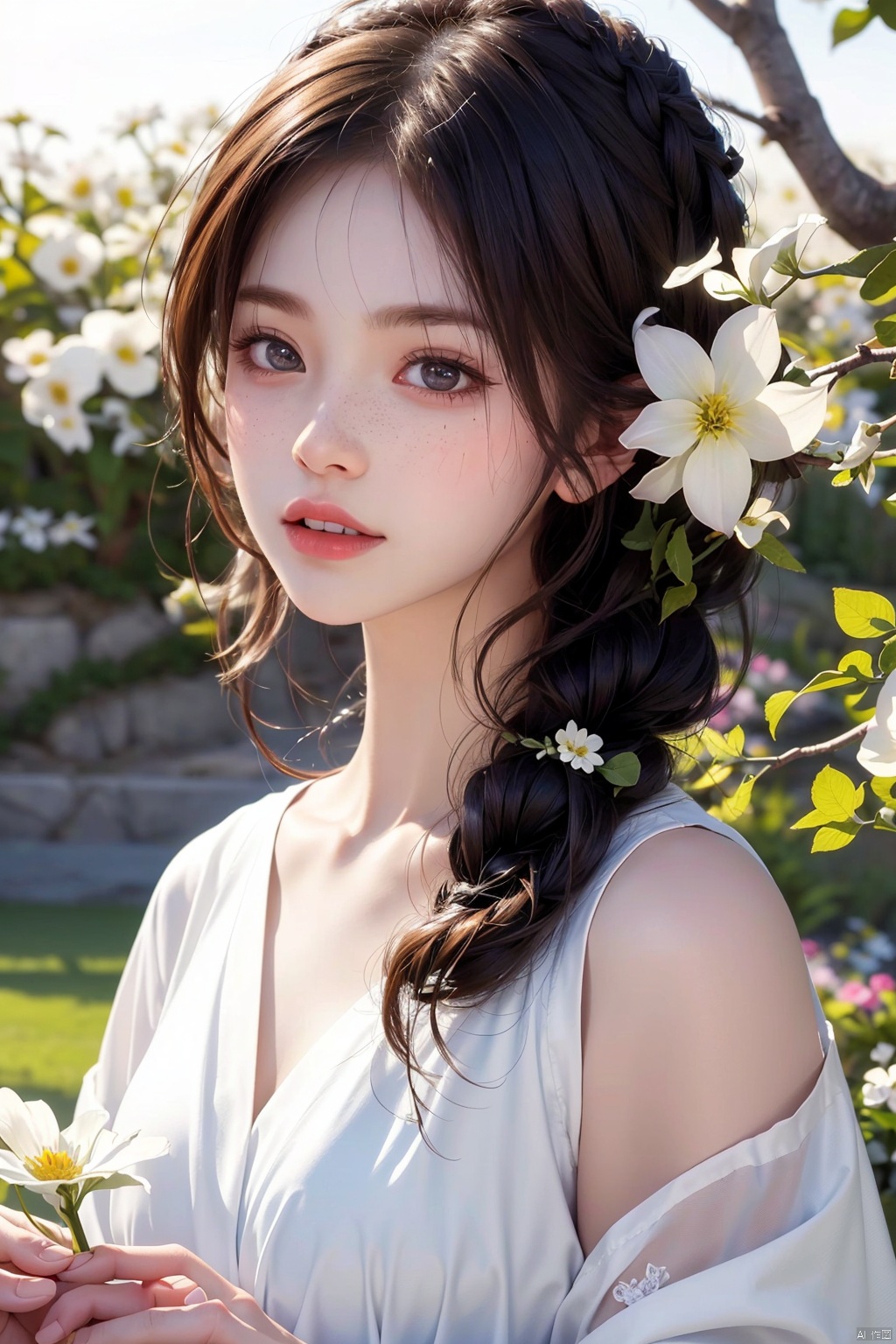  1girl, solo, looking at viewer, short hair, black hair, brown eyes, upper body, flower, parted lips, teeth, hair flower, blurry, lips, white flower, portrait, freckles, realistic, holding flower, ((poakl)),moyou, 1 girl, jiqing, maolilan, (\yan yu\)