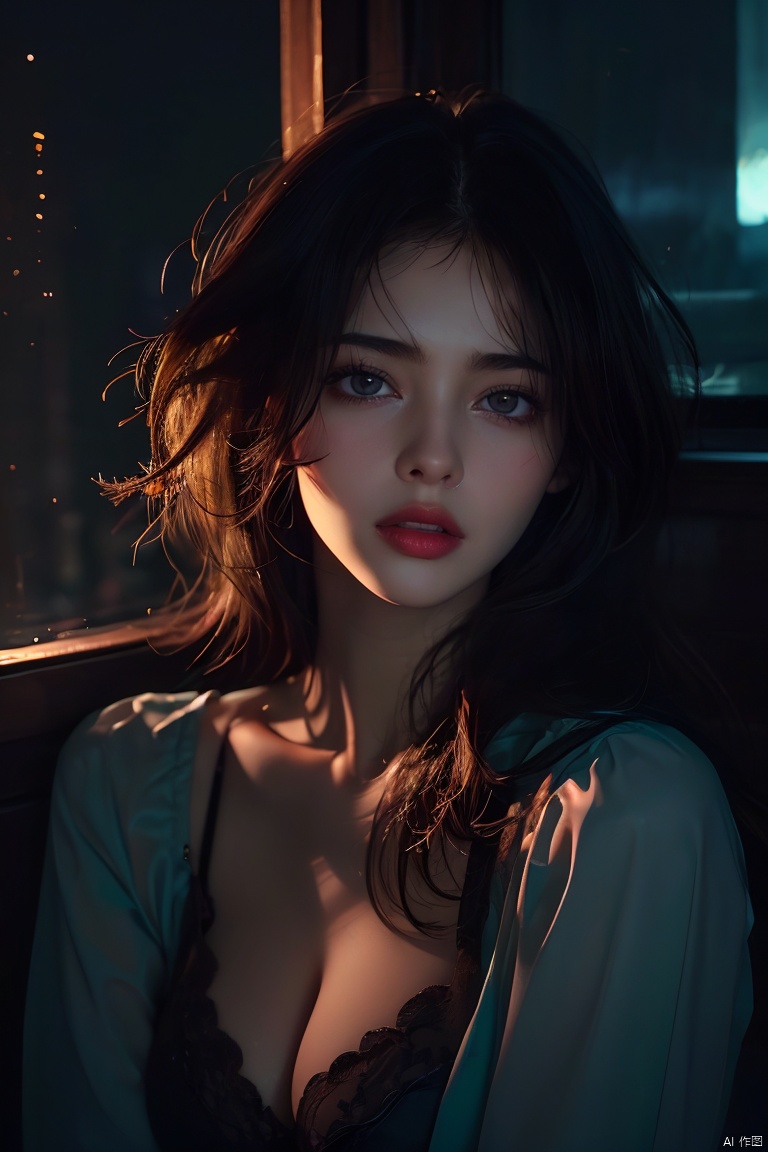  (original photo, best quality)(realistic, realistic: 1.2) , 1 girl, middle breast, cleavage, underwear, upper body, high quality, (high-detail skin: 1.4) , puffy eyes, gorgeous hair, (darkroom: 1.3) , (edge lighting: 1.3) , (Night: 1.3) , (Night: 1.3) , interior, portrait, black hair, dark background, long hair