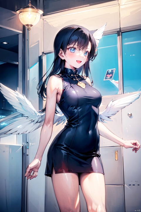  (wings:1.5),loli,petite,1girl, one_eye_closed, solo, dress, long_hair, blue_eyes, smile, blue_hair, black_dress, open_mouth, breasts, looking_at_viewer, bangs, medium_breasts, sleeveless, shiny, (\shen ming shao nv\), (\ji jian\), babata,wings, (\MBTI\), liuqiyue, jiqing, maolilan, bikini