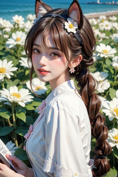  1girl, solo, long hair, looking at viewer, blush, smile, bangs, hair ornament, bow, animal ears, jewelry, yellow eyes, upper body, pink hair, braid, flower, hair bow, hairband, earrings, outdoors, parted lips, alternate costume, cat ears, from side, looking to the side, book, single braid, blue bow, plant, white flower, hair over shoulder, floppy ears, goldenglow \(arknights\), jiqing, 1 girl,moyou