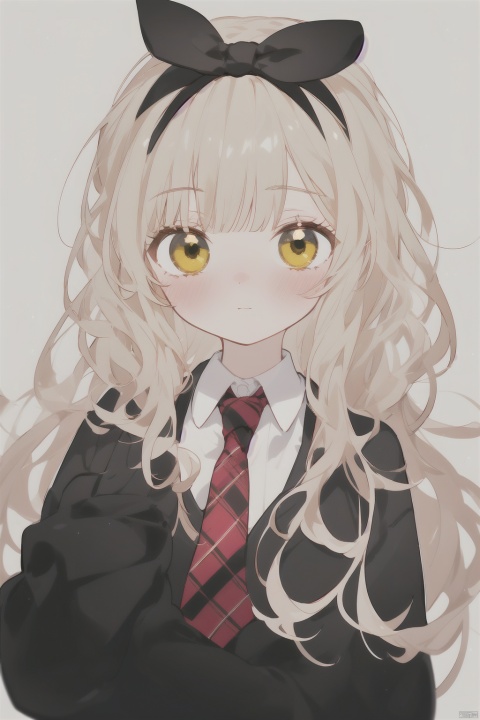  1girl,solo,long hair,looking at viewer,blush,bangs,blonde hair,simple background,shirt,long sleeves,white background,bow.school uniform,yellow eyes,white shirt,upper body,hair bow,hairband,necktie,collared shirt,sweater,sleeves past wrists,wavy hair,black necktie,Red plaid uniform, babata,yuzu
