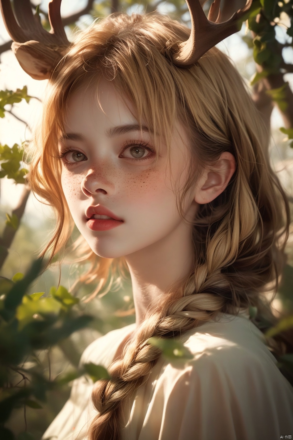 Vintage portrait, photography style, soft focus, pure face,Deer, girl, antlers, vine with leaves, Blonde hair, European and American advanced face, freckles, Detailed light and shadow, Wind, (Strong Sunshine),Two plaits, The forest,Front light source,
, 1girl, 1 girl