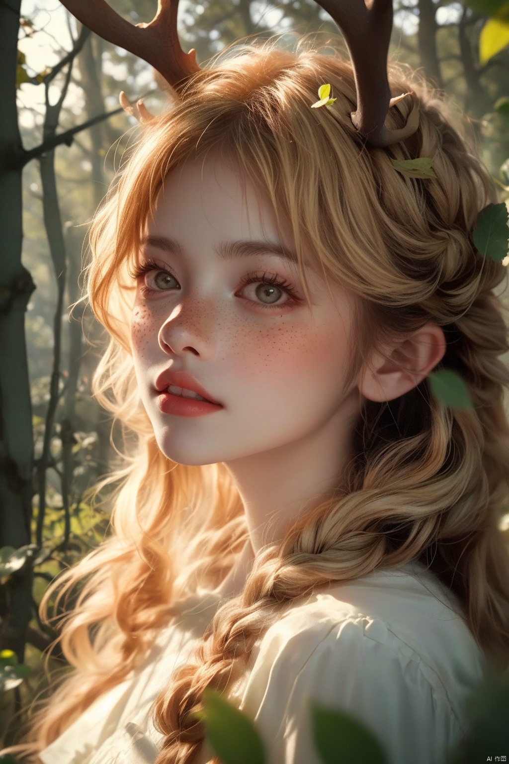  Vintage portrait, photography style, soft focus, pure face,Deer, girl, antlers, vine with leaves, Blonde hair, European and American advanced face, freckles, Detailed light and shadow, Wind, (Strong Sunshine),Two plaits, The forest,Front light source,
, 1girl, 1 girl