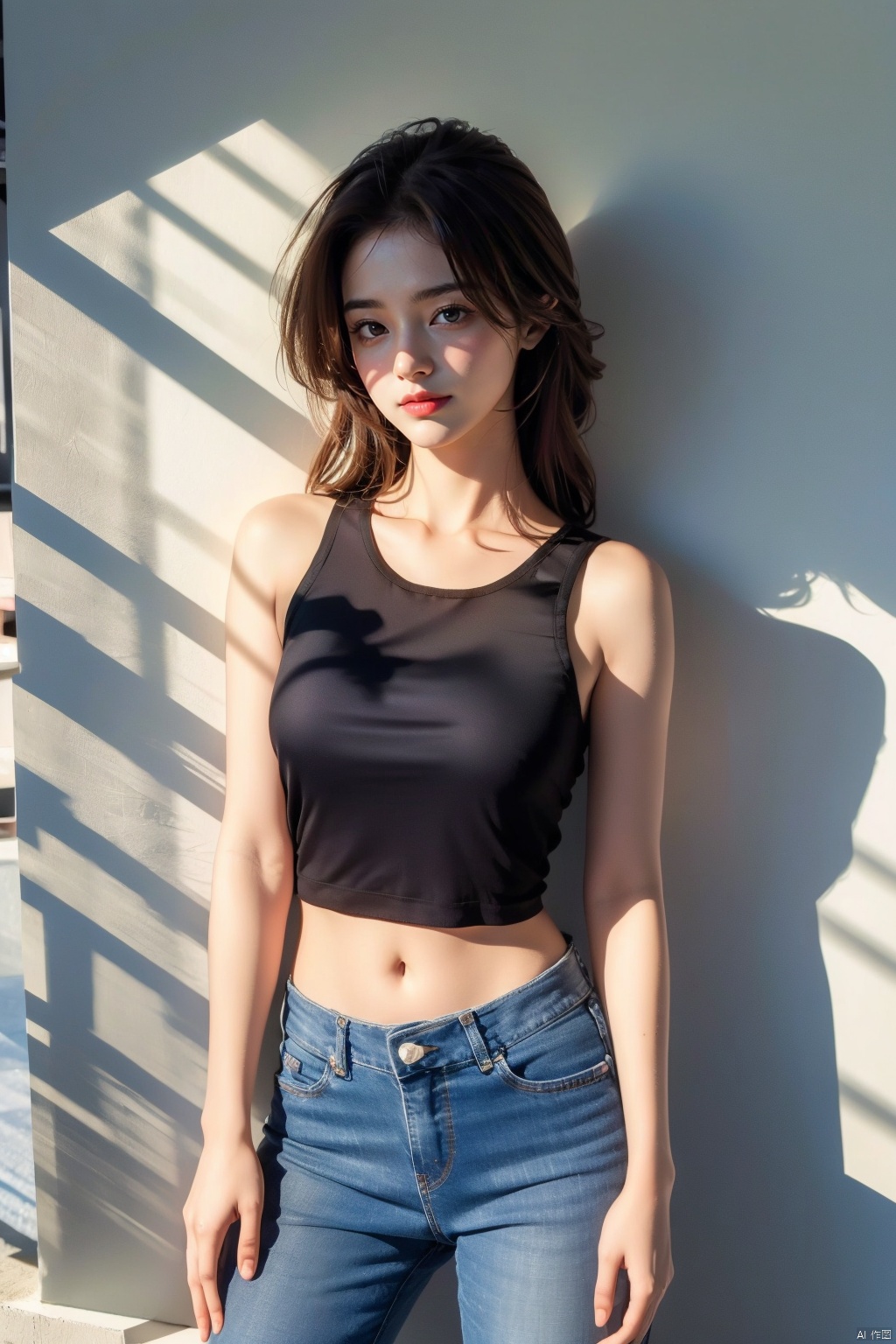  1girl, solo, breasts, looking at viewer, smile, brown hair, black hair, navel, bare shoulders, brown eyes, jewelry, closed mouth, standing, collarbone, cowboy shot, midriff, pants, lips, shadow, **** top, denim, jeans, realistic, arms at sides, 1girl,short skirt, （\personality\）, 1 girl,moyou