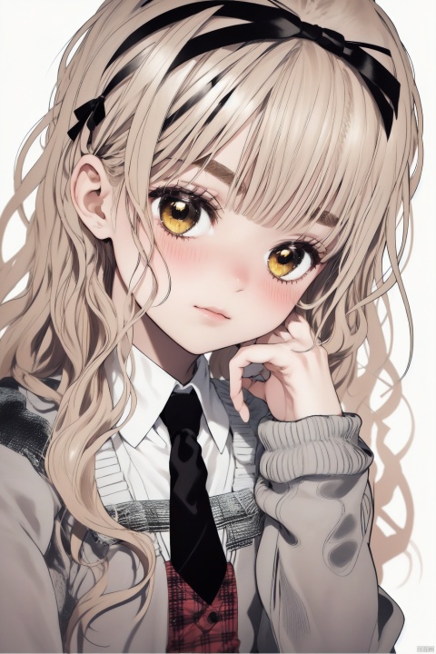  1girl,solo,long hair,looking at viewer,blush,bangs,blonde hair,simple background,shirt,long sleeves,white background,bow.school uniform,yellow eyes,white shirt,upper body,hair bow,hairband,necktie,collared shirt,sweater,sleeves past wrists,wavy hair,black necktie,Red plaid uniform, babata