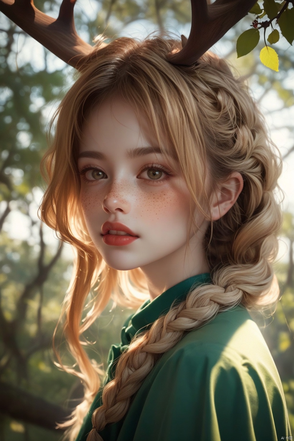  Vintage portrait, photography style, soft focus, pure face,Deer, girl, antlers, vine with leaves, Blonde hair, European and American advanced face, freckles, Detailed light and shadow, Wind, (Strong Sunshine),Two plaits, The forest,Front light source,
, 1girl, 1 girl