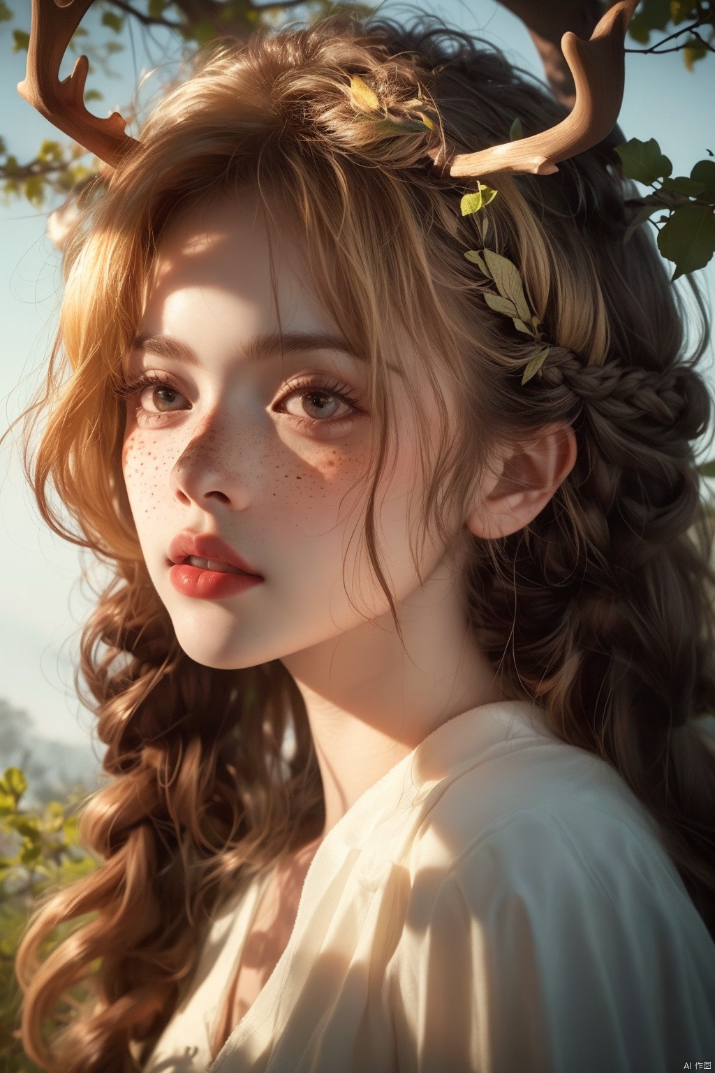  Vintage portrait, photography style, soft focus, pure face,Deer, girl, antlers, vine with leaves, Blonde hair, European and American advanced face, freckles, Detailed light and shadow, Wind, (Strong Sunshine),Two plaits, The forest,Front light source,
, 1girl, 1 girl
