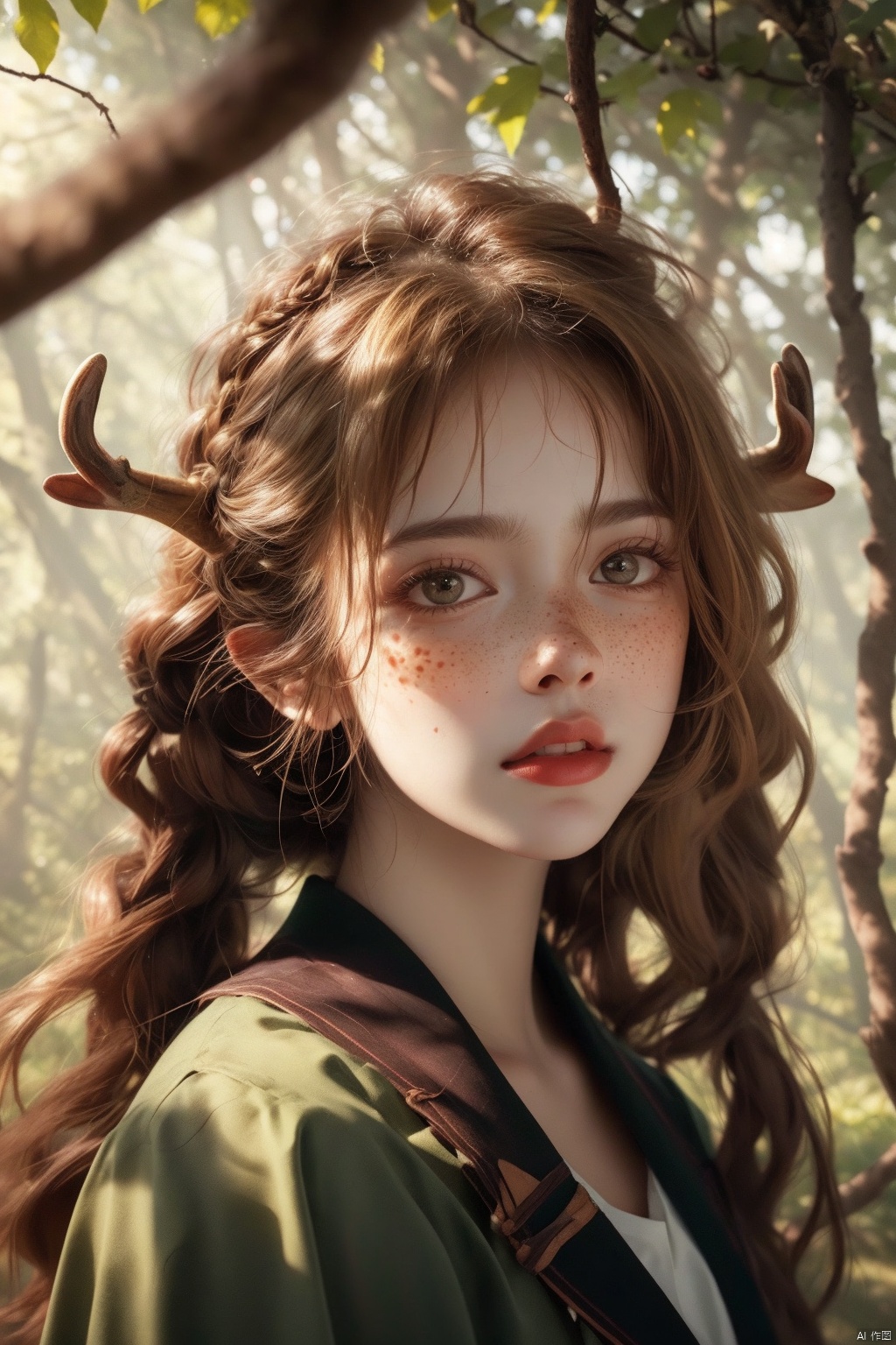  Vintage portrait, photography style, soft focus, pure face,Deer, girl, antlers, vine with leaves, Blonde hair, European and American advanced face, freckles, Detailed light and shadow, Wind, (Strong Sunshine),Two plaits, The forest,Front light source,
, 1girl, 1 girl