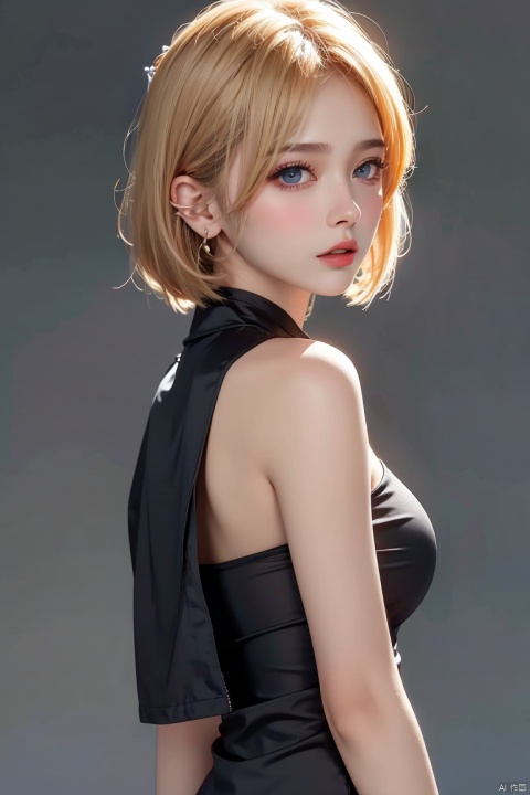  1girl,blonde hair,solo,blue eyes,jewelry,earrings,android 18,short hair,realistic,looking at viewer,upper body,breasts,lips,medium breasts,from side,shirt,grey background,bare shoulders,nose,sleeveless,black shirt,simple background,eyelashes,closed mouth,artist name,makeup,looking to the side,red lips,expressionless,off shoulder,looking back,bangs,sleeveless shirt,from behind,bob cut,jacket,forehead,parted lips,official art,extremely detailed CG unity 8k wallpaper,perfect lighting,Colorful,Bright_Front_face_Lighting,(masterpiece:1),(best_quality:1),ultra high res,8K,ultra-detailed, ((poakl)), (\shen ming shao nv\), (\yan yu\), (\ji jian\), 1 girl