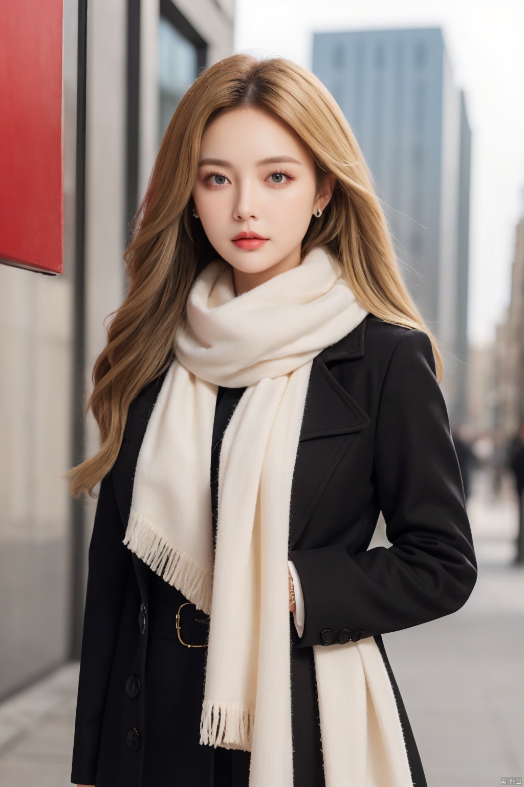  A woman wrapped in a cream-colored scarf, with a black coat draped over her shoulders. Her gaze is pensive, her blonde hair tousled by the wind, and her lips painted a bold red, against an urban backdrop., masterpiece,best quality, depth of field