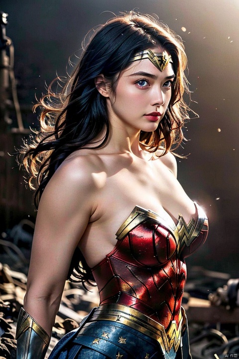  (ultra best quality, in 8K, masterpiece, delicate illustration), perfect body,(upper body naked),torn clothes,((large breasts:1.2)),Delicate muscle lines,solo,(Wonder Woman),dynamic posture, many hair, beautiful face, sexy body, red lips, (big blue eyes), Soft smile, better_hands, pussy,((war background)),magical light, side view,FilmGirl,wonder-woman-xl,onoff,perfectbreasts,xxmixgirl,photorealistic,1girl,koh_yunjung, Girl, girl, 1girl, wonder woman