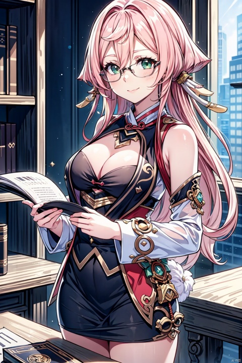  (masterpiece, best quality, best shadow,official art, correct body proportions, Ultra High Definition Picture,master composition), (light), (best hands details:1.4), (breast conscious), (bust:1.4), cinematic angle, 
//////
1girl, OL, long hair, bangs, hair between eyes, green eyes, pink hair, (deer antler:1.2), smiling, abdomen, bare shoulders, cleavage, (small breasts), ((white shirt), black suit, black short skirt), red framed glasses, smiling_at_viewer, //////
(holding documents, holding glasses), 
//////
modern office, tables,windows, skyscrapers
//////
 yanfei_(genshin_impact),1girl, masterpiece, yebin, (\ji jian\), colors, Anime, fantasy, cute girl, magic