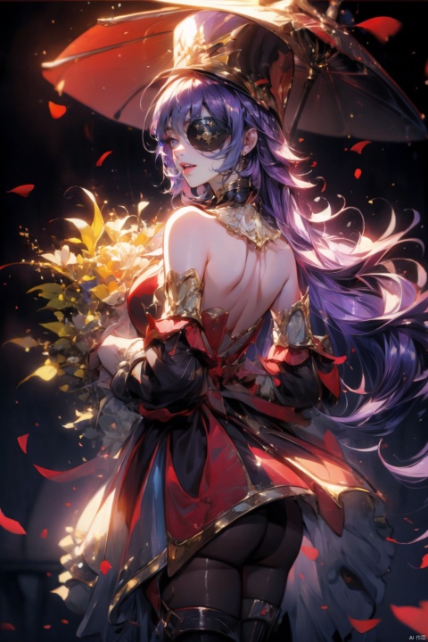  (masterpiece, best quality, best shadow,official art, correct body proportions, Ultra High Definition Picture,master composition),(best hands details:1.2), (backlight:1.4) ,
//////
 1girl , (Purple hair) , plump, sexy, ((black eyepatch)) ,(smile) ,
//////
dark background ,
//////
1girl, hevreuse_\(genshin_impact\), cute girl, Metal_wing