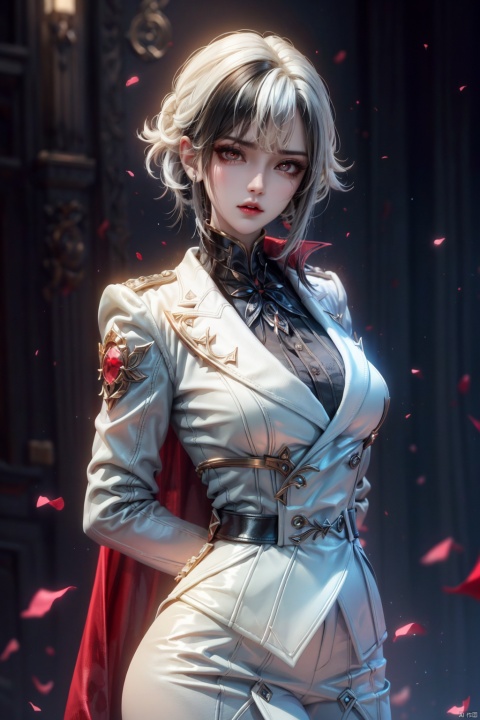  (masterpiece, best quality, best shadow,official art, correct body proportions, Ultra High Definition Picture,master composition),(bust:1.4), (light),
//////
1girl, solo, breasts, looking at viewer, bangs, simple background, black hair, red eyes, gloves, long sleeves, hair between eyes, jewelry, upper body, white hair, multicolored hair, parted lips, teeth, black gloves, black eyes, two-tone hair, lips, streaked hair, coat, symbol-shaped pupils, ring, white coat, red pupils, x-shaped pupils, (hands behind back: 1.6),
//////
(dark background), light, 
//////
1girl, cute girl, Metal_wing, 1girl