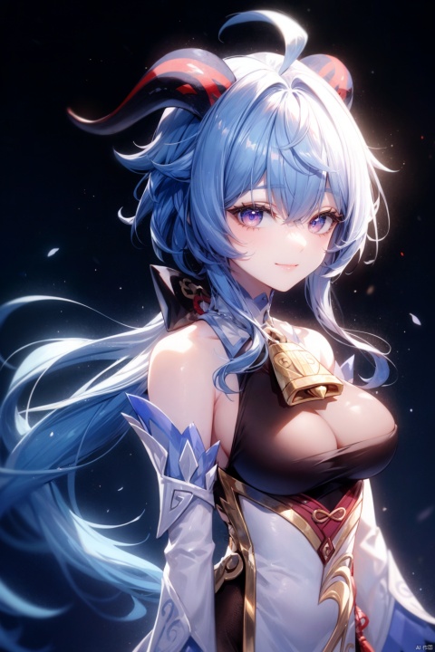  ((masterpiece, best quality, best shadow, official art, correct body proportions, Ultra High Definition Picture, master composition)), (bust:1.6), (best hands details:1.4),
//////
1girl, solo, long hair, breasts, bangs, (black_glove), bare shoulders, medium breasts, blue hair, purple eyes, ahoge, sidelocks, detached sleeves, horns, black gloves, high heels, bell, black background, tassel, neck bell, low ponytail, white sleeves, gold trim, vision \(genshin impact\), goat horns, chinese knot, ganyu \(genshin impact\), plump, sexy, smile
//////
(dark background:1.2),
//////
1girl, Metal_wing, cute girl, yuzu, ganyu_(genshin_impact),