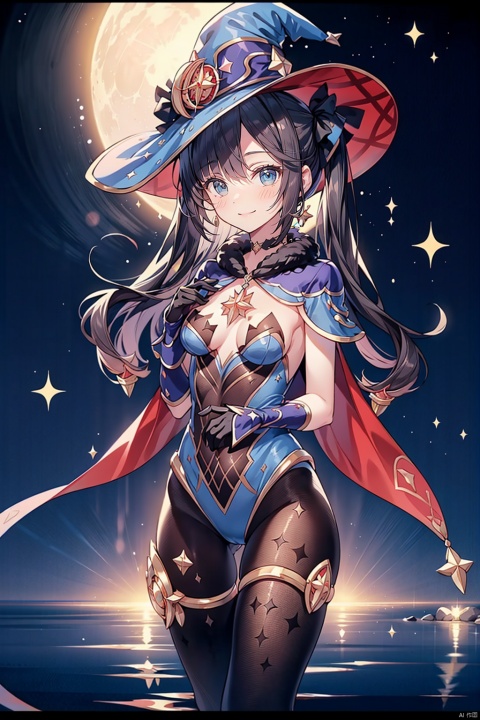  (masterpiece, best quality, best shadow,official art, correct body proportions, Ultra High Definition Picture,master composition), (light), (best hands details:1.4), (breast conscious), (bust:1.4), cinematic angle, 
//////
1girl, twintails, long hair, witch hat, pantyhose,gloves, black hair, choker, jewelry, cape, gold trim, blue leotard,earrings, detached sleeves, star (symbol), hat ornament, blue eyes, fur collar, parkle print, (small breasts:1.2),
//////
Dark background, light, (flying water, starry sky, moon, magic, Cast a spell,)
//////
cute girl, mona_(genshin_impact), cute girl,1girl,solo,twintai