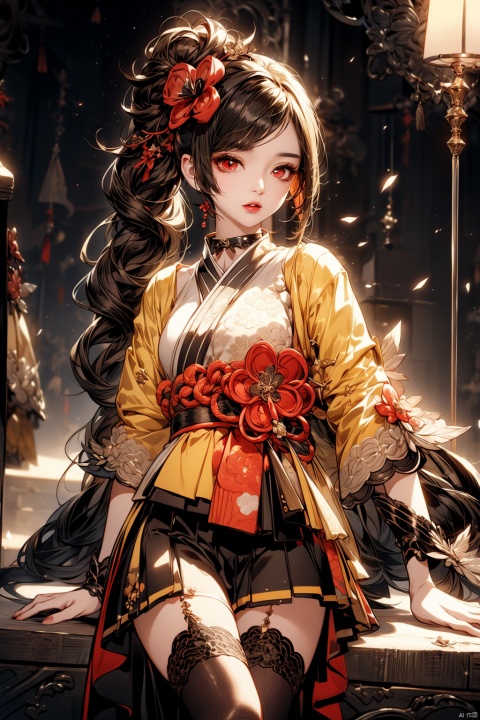  (masterpiece, best quality, best shadow,official art, correct body proportions, Ultra High Definition Picture,master composition),(bust:1.4), (light), (best hands details:1.2), 
//////
chiori, 1girl, brown hair, drill hair, hair ornament,hair flower, flower, red eyes, elbow gloves,short sleeves,wide sleeves, (japanese clothes, yellow top, black skirt), kimono, pleated skirt,dress, black thighhighs, (sexy), 
//////
(dark background), light, (in the clothing store),
//////
1girl,masterpiece, chiori, cute girl,yuzu,qianzhi, japanese clothes, Metal_wing