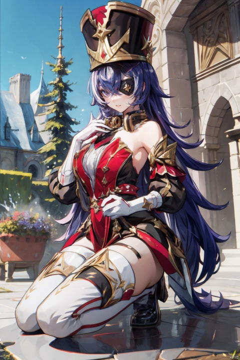  (masterpiece, best quality, best shadow,official art, correct body proportions, Ultra High Definition Picture,master composition),(best hands details:1.4),
//////
 1girl , plump, sexy, ((black eyepatch)) ,
//////
Medieval Western architectural background, stone buildings, courtyards, sun, blue sky, trees, grass, flowers,
//////
1girl, hevreuse_\(genshin_impact\)