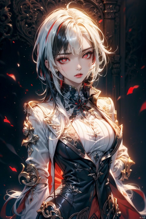  (masterpiece, best quality, best shadow,official art, correct body proportions, Ultra High Definition Picture,master composition),(bust:1.4), (light),
//////
1girl, solo, breasts, looking at viewer, bangs, simple background, black hair, red eyes, gloves, long sleeves, hair between eyes, jewelry, upper body, white hair, multicolored hair, parted lips, teeth, black gloves, black eyes, two-tone hair, lips, streaked hair, coat, symbol-shaped pupils, ring, white coat, red pupils, x-shaped pupils, (hands behind back: 1.6),
//////
(dark background), light, 
//////
1girl, cute girl, Metal_wing,