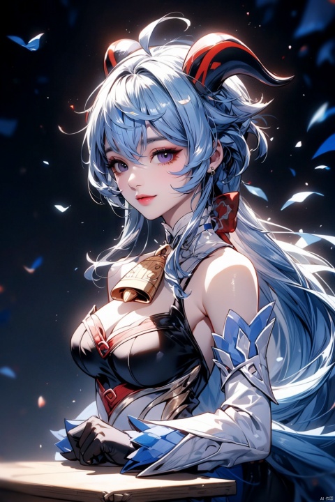  ((masterpiece, best quality, best shadow, official art, correct body proportions, Ultra High Definition Picture, master composition)), (bust:1.2), (best hands details:1.4),
//////
1girl, solo, long hair, breasts, bangs, (black_glove), bare shoulders, medium breasts, blue hair, purple eyes, ahoge, sidelocks, detached sleeves, horns, black gloves, qipao, high heels, bell, black background, tassel, neck bell, low ponytail, white sleeves, gold trim, vision \(genshin impact\), goat horns, chinese knot, ganyu \(genshin impact\), plump, smile, (looking_at_viewer), lying,
//////
(dark background:1.2), (simple background) ,
//////
1girl, Metal_wing, cute girl, yuzu, ganyu_(genshin_impact), mature female