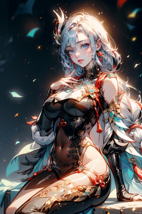  (masterpiece, best quality, best shadow,official art, correct body proportions, Ultra High Definition Picture,master composition),(best hands details:1.2), 
//////
1girl,grey hair,(long hair),hair ornament, hair over one eye,,blue eyes,earrings,braided ponytail,puffy sleeves,gold trim,gloves,bodysuit,large breasts,breast curtain, shoulder cutout,covered navel,hip vent,clothing cutout, tassel, (plump:1.2) , sexy, sitting, 
//////
black background, backlight, 
//////
1girl,cute girl, shenhe (genshin impact), , cute girl