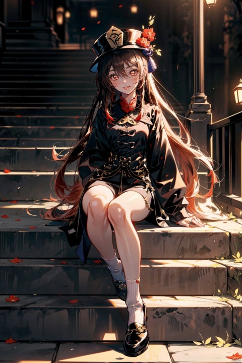  ((masterpiece, best quality, best shadow, official art, correct body proportions, Ultra High Definition Picture, master composition)), bust, (upper thighs shot), (best hands details:1.4),
//////
long hair, looking at viewer, smile, bangs, brown hair, red eyes, long sleeves, hat, hair between eyes, twin tails, jewelry, flower, sidelocks, shoes, shorts, socks, wide sleeves, black footwear, grin, (symbol-shaped pupils:1.2), black headwear, Chinese clothes, black shorts, ring, white socks, hat ornament, hat flower, (flower-shaped pupils:1.4), plum blossoms, (tailcoat:1.2), black nails,
//////
(night:1.6), (dark background:1.4), in the background of ancient Chinese streets, (sitting on stone steps:1.4), (stone lion statue), a big moon,
//////
1girl, hu tao \(genshin impact\), cute girl, 