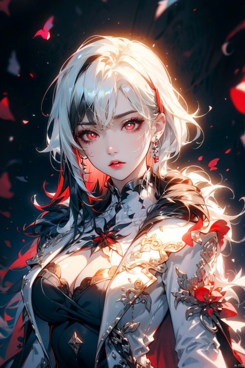  (masterpiece, best quality, best shadow,official art, correct body proportions, Ultra High Definition Picture,master composition),(bust:1.4), (light), (best hands details:1.2), 
//////
1girl, solo, breasts, looking at viewer, bangs, simple background, black hair, red eyes, gloves, long sleeves, hair between eyes, jewelry, upper body, white hair, multicolored hair, parted lips, teeth, black gloves, black eyes, two-tone hair, lips, streaked hair, coat, symbol-shaped pupils, ring, white coat, red pupils, x-shaped pupils, cool, 
//////
(dark background), rose window background, church, light, 
//////
1girl, cute girl, Metal_wing, Tacoma Art Glass,