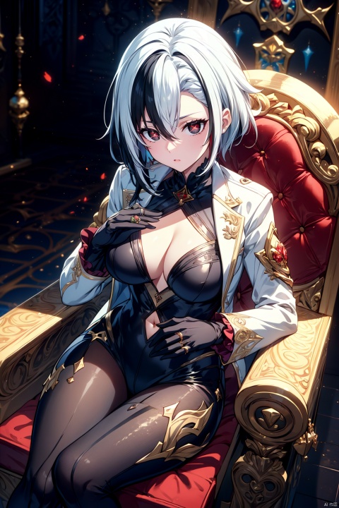  (masterpiece, best quality, best shadow,official art, correct body proportions, Ultra High Definition Picture,master composition), (light), (best hands details:1.4), (cinematic angle), 
//////
1girl, elegant, bangs, black hair, red eyes, gloves, long sleeves, hair between eyes, short hair, jewelry, white hair, multicolored hair, black gloves, black eyes, two-tone hair, streaked hair, coat, symbol-shaped pupils, ring, white coat, red pupils, x-shaped pupils, medium breasts, 
//////
Sitting on the throne, looking down, 
//////
(dark background), church, light, 
//////
1girl, cute girl, Anime, mature female, fantasy