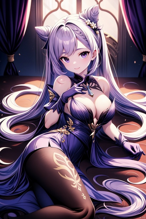  ((masterpiece, best quality, best shadow, official art, correct body proportions, Ultra High Definition Picture, master composition)), (bust:1.6), (best hands details:1.4),
//////
1 girl, (lass:1.2), keqing, masterpiece,best quality,1girl, solo, long hair, (breasts:1.2), looking at viewer, blush, smile, bangs, hair ornament, gloves, dress, bare shoulders, twintails, purple eyes, purple hair, braid, pantyhose, lying, frills, detached sleeves, indoors, hair bun, black pantyhose, window, double bun, on side, frilled dress, curtains, purple dress, cone hair bun, purple gloves, plump, sexy, 
//////
(dark background:1.2),
//////
1girl, keqing, keqing \(genshin impact\), Metal_wing, cute girl,yuzu, keqing_(genshin_impact),twint, mature female, Anime, fantasy, jjmx