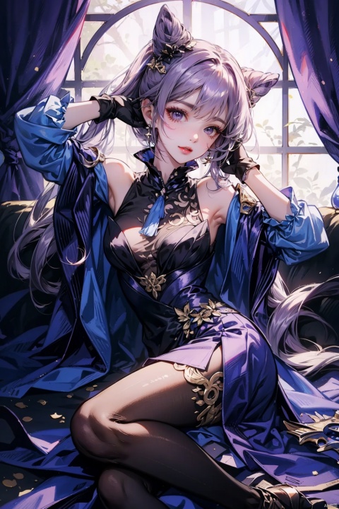  ((masterpiece, best quality, best shadow, official art, correct body proportions, Ultra High Definition Picture, master composition)), (bust:1.6), (best hands details:1.4),
//////
1 girl, (lass:1.2), keqing, masterpiece,best quality,1girl, solo, long hair, (breasts:1.2), looking at viewer, blush, smile, bangs, hair ornament, gloves, dress, bare shoulders, twintails, purple eyes, purple hair, braid, pantyhose, lying, frills, detached sleeves, indoors, hair bun, black pantyhose, window, double bun, on side, frilled dress, curtains, purple dress, cone hair bun, purple gloves, plump, sexy, 
//////
(dark background:1.2), (lying on back), bed, 
//////
1girl, keqing, keqing \(genshin impact\), Metal_wing, cute girl,yuzu, keqing_(genshin_impact),twint