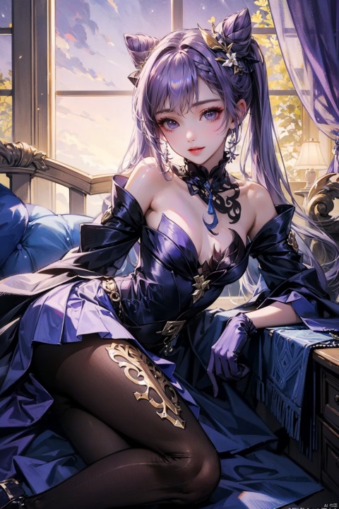  ((masterpiece, best quality, best shadow, official art, correct body proportions, Ultra High Definition Picture, master composition)), (bust:1.6), (best hands details:1.4),
//////
1 girl, (lass:1.2), keqing, masterpiece,best quality,1girl, solo, long hair, (small breasts:1.2), looking at viewer, blush, smile, bangs, hair ornament, gloves, dress, bare shoulders, twintails, purple eyes, purple hair, braid, pantyhose, lying, frills, detached sleeves, indoors, hair bun, black pantyhose, window, double bun, on side, frilled dress, curtains, purple dress, cone hair bun, purple gloves, plump, sexy, 
//////
(night:1.6),
//////
(skirt lift:1.2),
//////
1girl, keqing, keqing \(genshin impact\), Metal_wing, cute girl,yuzu, keqing_(genshin_impact),twint