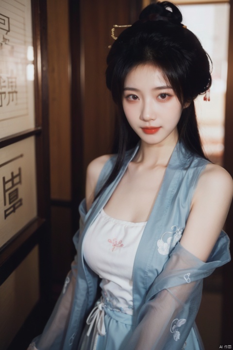 best quality, masterpiece, ultra high res,1girl, gigantic_breasts, looking at viewer,bare shoulders,dress,qi pao,ancient Chinese street ,Chinese dress,, yosshi film, standing, one girls, chinese_clothes, Chinese costume, street, smiling,ganyu (genshin impact), 1girl,moyou, film1