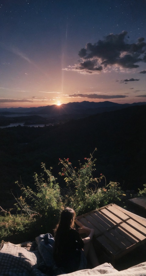  , sky, cloudy_sky, sunset, blue_sky, twilight, star_\(sky\), horizon, outdoors, tree, gradient_sky, starry_sky, scenery, evening, mountainous_horizon, sunrise, letterboxed, 1girl, mountain, dusk, long_hair, shooting_star,moyou