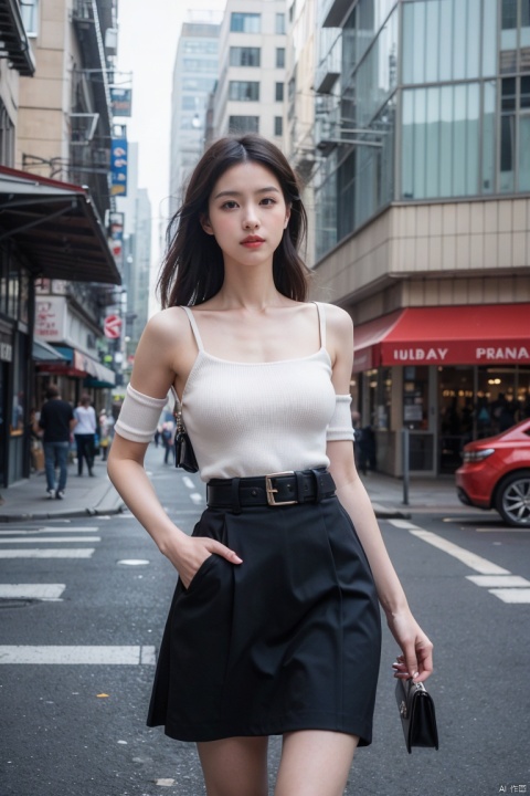  best quality, masterpiece, ultra high res,1girl, big breast, looking at viewer,pure color background, A masterpiece capturing a beautiful woman wearing a Prada skirt in the best quality and ultra-high resolution. The skirt exudes elegance with its sleek design and impeccable tailoring. The scene is set in a vibrant cityscape, with bustling streets and iconic landmarks. The atmosphere is filled with a sense of urban chic and sophistication. The camera lens skillfully captures her, utilizing professional composition and angles to highlight her beauty and the allure of the Prada skirt, creating a visually stunning image.,moyou