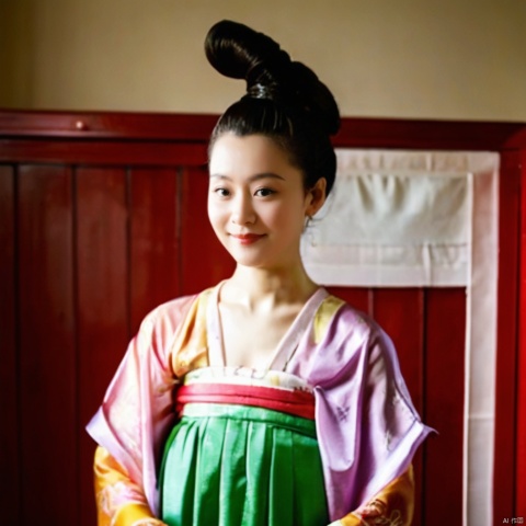 1girl,solo,black_hair,hair_bun,looking_at_viewer,standing,smile,chinese_clothes,hanfu,Tang_Dynasty_Shanqun,