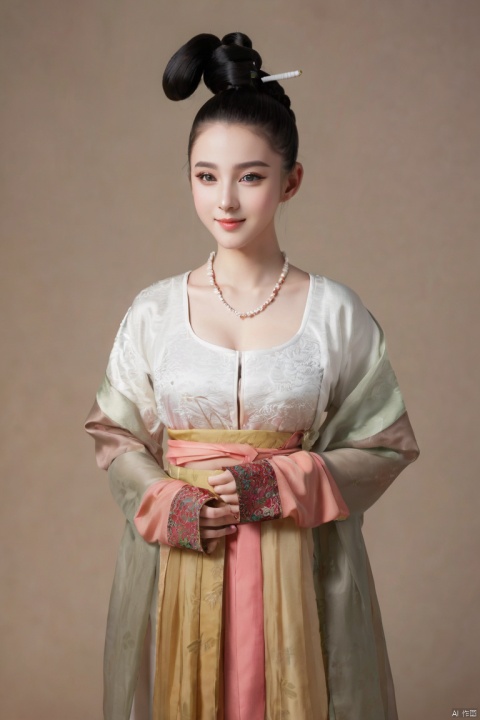 1girl,solo,black_hair,hair_bun,looking_at_viewer,standing,smile,chinese_clothes,hanfu,Tang_Dynasty_Shanqun, ((poakl))