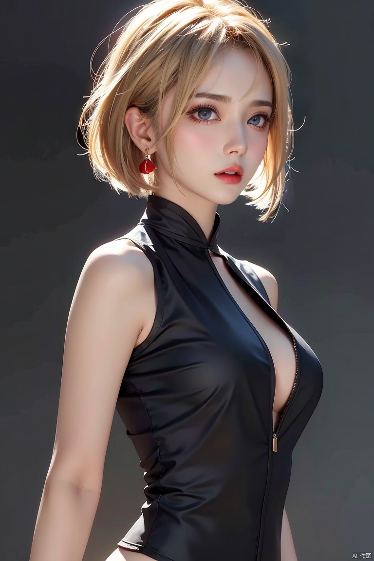  1girl,blonde hair,solo,blue eyes,jewelry,earrings,android 18,short hair,realistic,looking at viewer,upper body,breasts,lips,medium breasts,from side,shirt,grey background,bare shoulders,nose,sleeveless,black shirt,simple background,eyelashes,closed mouth,artist name,makeup,looking to the side,red lips,expressionless,off shoulder,looking back,bangs,sleeveless shirt,from behind,bob cut,jacket,forehead,parted lips,official art,extremely detailed CG unity 8k wallpaper,perfect lighting,Colorful,Bright_Front_face_Lighting,(masterpiece:1),(best_quality:1),ultra high res,8K,ultra-detailed, ((poakl)), (\shen ming shao nv\), (\yan yu\), (\ji jian\), 1 girl