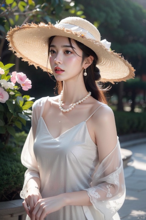 A woman wearing a straw hat, Wearing a simple pearl necklace and pearl earrings, light gray and light beige, detailed, gentle and focused romanticism, overhead shot, dim flowers in the foreground, depth of field, Canon R6, bright soft ambient outdoor light, liuyifei