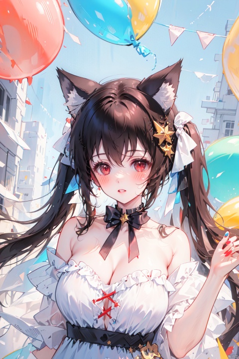  (best quality),(masterpiece),1girl, solo, breasts, animal ears, red eyes, dress, cleavage, star \(symbol\), long hair, cat ears, ribbon, looking at viewer, twintails, holding balloon, star hair ornament, holding, off-shoulder dress, hair ornament, yellow nails, bangs, blush, parted lips, bare shoulders, balloon, tiara, bow, white dress, strapless dress, hands up, nail polish, crescent, very long hair, upper body, hair bow, choker, large breasts, frills, off shoulder, black bow, animal ear fluff, maolilan