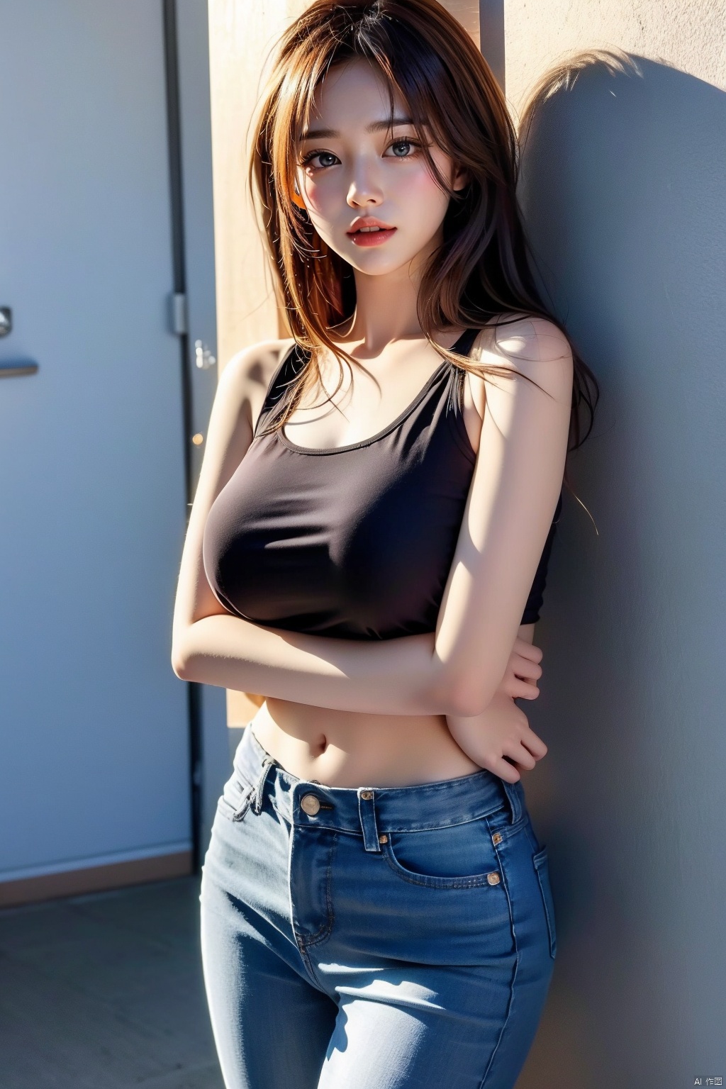  1girl, solo, breasts, looking at viewer, smile, brown hair, black hair, navel, bare shoulders, brown eyes, jewelry, closed mouth, standing, collarbone, cowboy shot, midriff, pants, lips, shadow, **** top, denim, jeans, realistic, arms at sides, 1girl,short skirt, （\personality\）, 1 girl,moyou