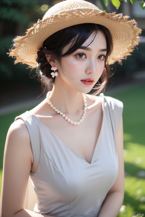 A woman wearing a straw hat, Wearing a simple pearl necklace and pearl earrings, light gray and light beige, detailed, gentle and focused romanticism, overhead shot, dim flowers in the foreground, depth of field, Canon R6, bright soft ambient outdoor light, liuyifei