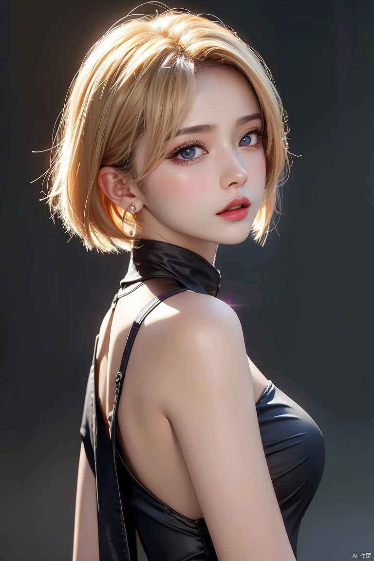  1girl,blonde hair,solo,blue eyes,jewelry,earrings,android 18,short hair,realistic,looking at viewer,upper body,breasts,lips,medium breasts,from side,shirt,grey background,bare shoulders,nose,sleeveless,black shirt,simple background,eyelashes,closed mouth,artist name,makeup,looking to the side,red lips,expressionless,off shoulder,looking back,bangs,sleeveless shirt,from behind,bob cut,jacket,forehead,parted lips,official art,extremely detailed CG unity 8k wallpaper,perfect lighting,Colorful,Bright_Front_face_Lighting,(masterpiece:1),(best_quality:1),ultra high res,8K,ultra-detailed, ((poakl)), (\shen ming shao nv\), (\yan yu\), (\ji jian\), 1 girl