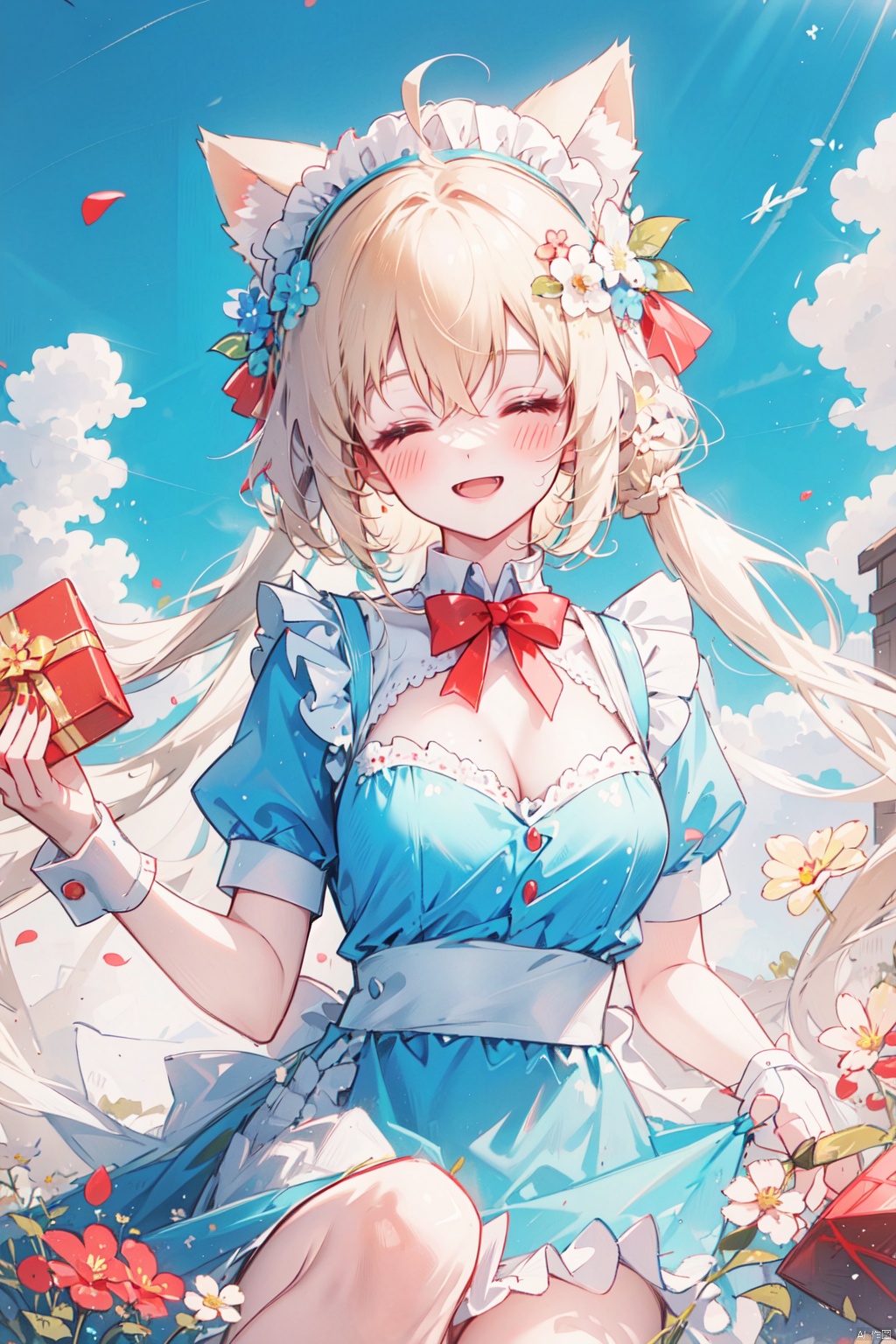  (best quality),(masterpiece),1girl, solo, animal ears, closed eyes, holding flower, fang, flower, smile, open mouth, holding, braid, short sleeves, blonde hair, puffy short sleeves, petals, outdoors, breasts, red bow, :d, blush, puffy sleeves, day, dress, green dress, cat ears, bow, ^_^, sky, maid headdress, cloud, ahoge, wrist cuffs, hair bow, blue sky, bangs, red flower, facing viewer, medium breasts, frills, cleavage, maid, horizonfingernails, holding gift, knees up, hair between eyes, blue skirt, jiqing, maolilan