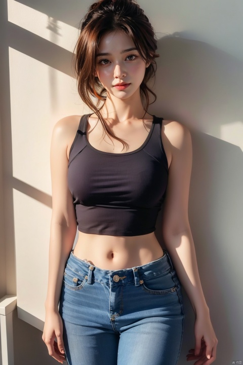  1girl, solo, breasts, looking at viewer, smile, brown hair, black hair, navel, bare shoulders, brown eyes, jewelry, closed mouth, standing, collarbone, cowboy shot, midriff, pants, lips, shadow, tank top, denim, jeans, realistic, arms at sides, 1girl,short skirt, （\personality\）, 1 girl,moyou