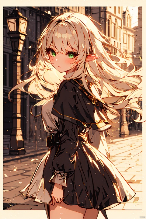  cropped background, (outside border), cropped torso,
1girl, solo, elf,
green eyes, (white hair), green gradient hair, (long hair), floating hair,
frilled shirt, capelet, long sleeves, pouch, belt, brooch,
chibi, upper body, walking, looking back, 
gothic architecture, street, pavement,
(depth of field), jiqing, (\shen ming shao nv\), jijianchahua