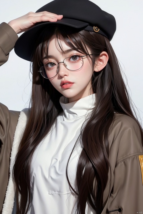  1girl, solo, long hair, looking at viewer, bangs, simple background, shirt, black hair, long sleeves, hat, white background, brown eyes, closed mouth, white shirt, glasses, coat, black headwear, hand in pocket, round eyewear, hand on headwear, brown coat, 1 girl