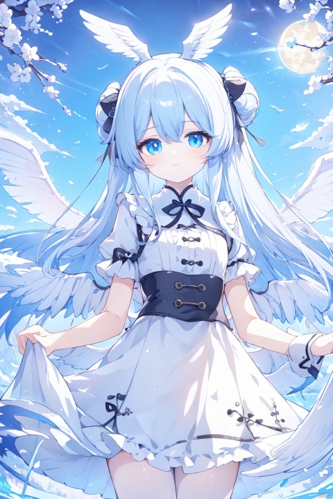  (wings:1.5),best quality, 1girl, animal ears, rabbit ears, solo, dress, blue eyes, long hair, mouth hold, grey hair, lolita fashion, looking at viewer, (\shen ming shao nv\), (\ji jian\), jiqing