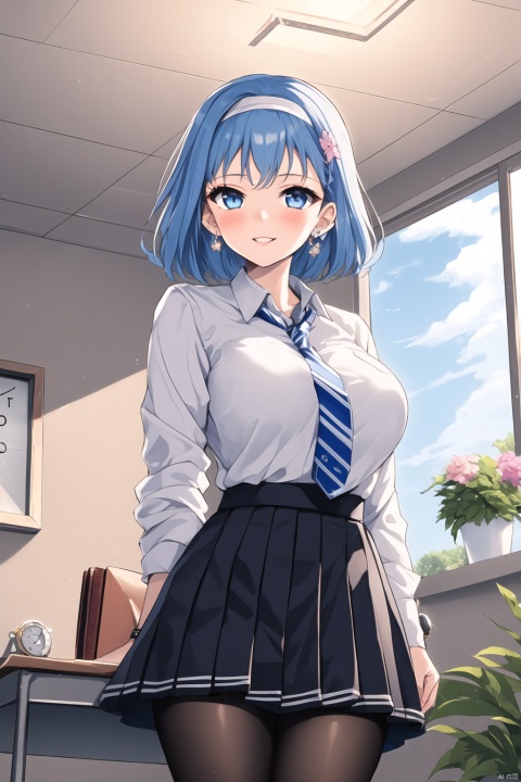  1girl, solo, breasts, looking at viewer, smile, short hair, bangs, blue eyes, skirt, large breasts, shirt, long sleeves, holding, jewelry, school uniform, blue hair, standing, jacket, white shirt, flower, pantyhose, cowboy shot, pleated skirt, hairband, earrings, parted lips, necktie, alternate costume, striped, collared shirt, indoors, virtual youtuber, black skirt, arm up, book, black pantyhose, window, dress shirt, headband, chain, hair intakes, plant, pink flower, holding book, arm behind back, watch, blue necktie, clock, jacket removed, ceiling light, bow earrings, holding jacket, ouro kronii, jiqing, maolilan