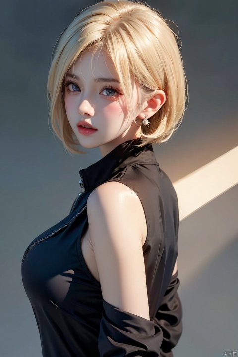  1girl,blonde hair,solo,blue eyes,jewelry,earrings,android 18,short hair,realistic,looking at viewer,upper body,breasts,lips,medium breasts,from side,shirt,grey background,bare shoulders,nose,sleeveless,black shirt,simple background,eyelashes,closed mouth,artist name,makeup,looking to the side,red lips,expressionless,off shoulder,looking back,bangs,sleeveless shirt,from behind,bob cut,jacket,forehead,parted lips,official art,extremely detailed CG unity 8k wallpaper,perfect lighting,Colorful,Bright_Front_face_Lighting,(masterpiece:1),(best_quality:1),ultra high res,8K,ultra-detailed, ((poakl)), (\shen ming shao nv\), (\yan yu\), (\ji jian\), 1 girl,moyou
