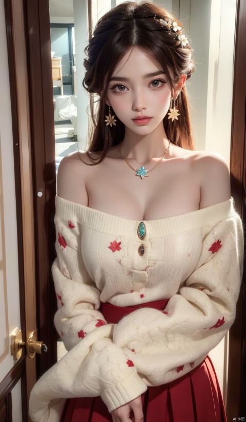  1 girl, jewelry, solo, earrings, long hair, forehead markings, black hair, necklace, bare shoulders, flowers, red lips, hair flowers, upper body, skirt, off shoulder, facial markings, head down, makeup, lips, candles, collarbones, long sleeves, tears streaming down, crying, Tyndall effect, 8k, large aperture, masterpiece of the century, sit, maple leaf, doorway, corridor, Sun on face, 1girl, (\yan yu\),moyou